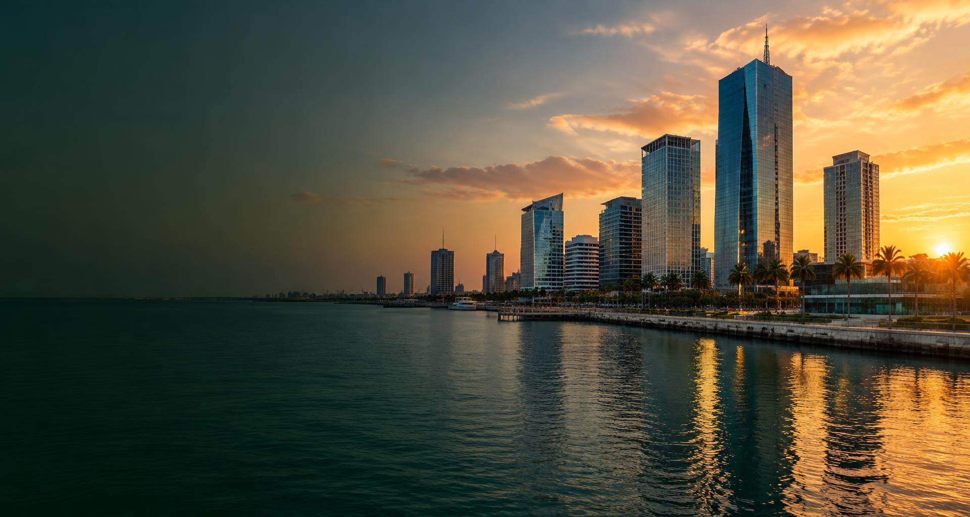 Modern financial district at sunset